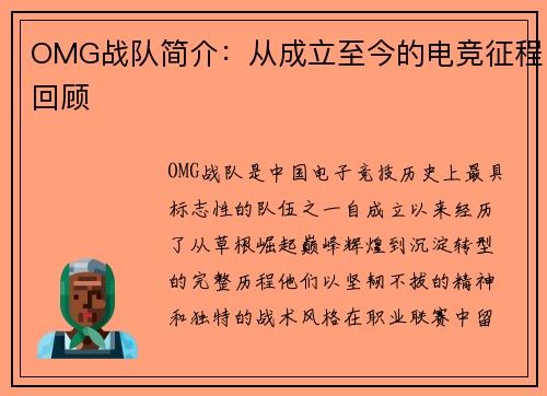 OMG战队简介：从成立至今的电竞征程回顾